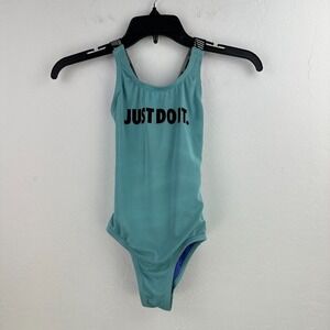 Nike Swimsuit Kids Small Blue Just Do It One Piece Activewear Swimwear Racerback
